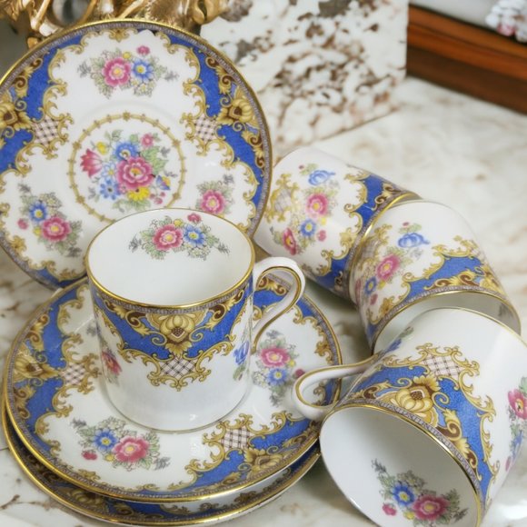 Shelley Bone China Espresso Cup & Saucer Flat Demi Set Sheraton Blue England - Picture 2 of 16